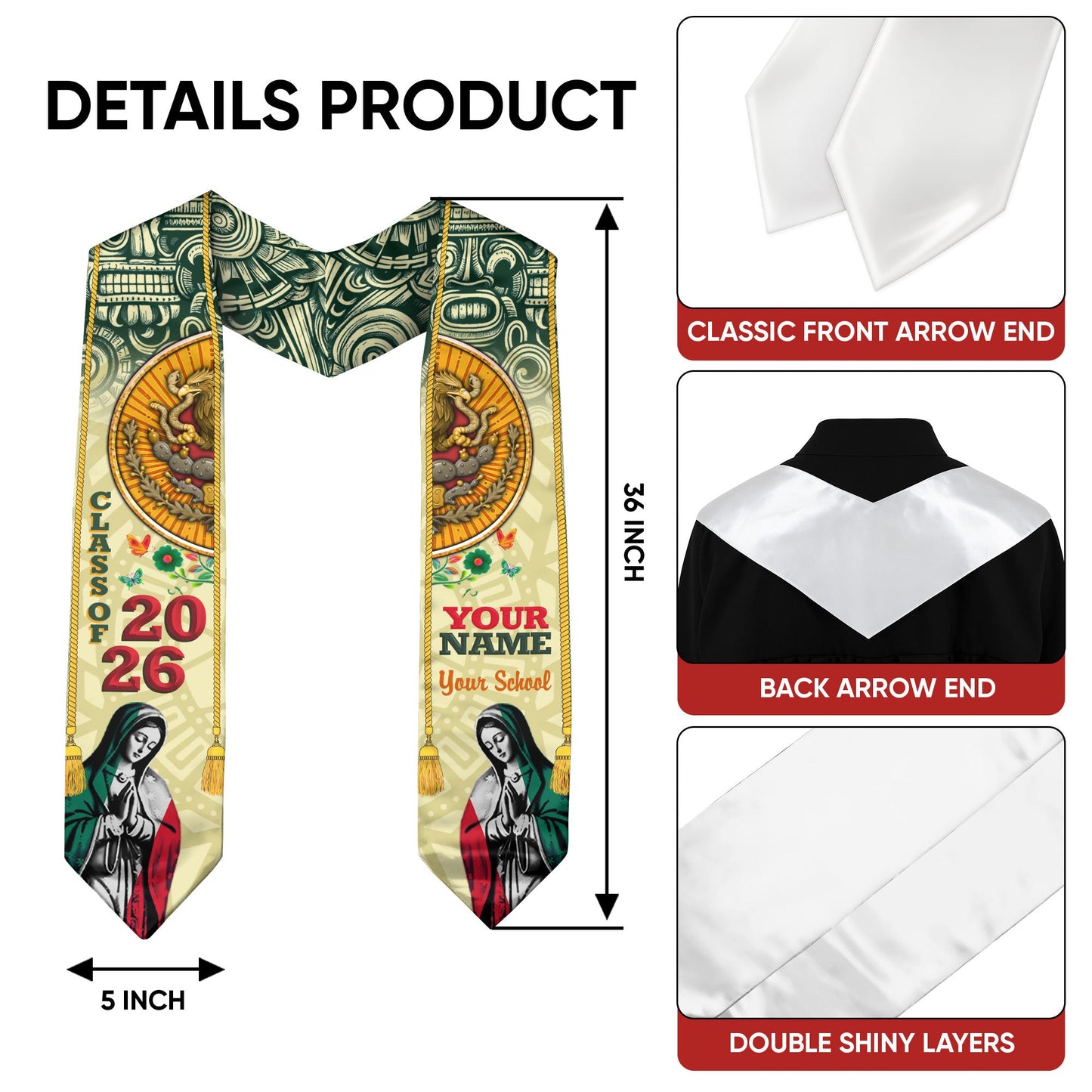 Custom Aztec Sun & Virgen Graduation Stole 2026 – Personalized Class of 2026 Senior Sash with School Name