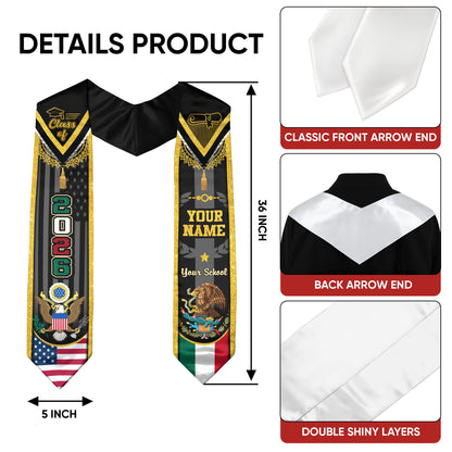 Custom USA Mexico Heritage Graduation Stole 2026 – Personalized Senior Sash with Eagle Crest & National Flag Design
