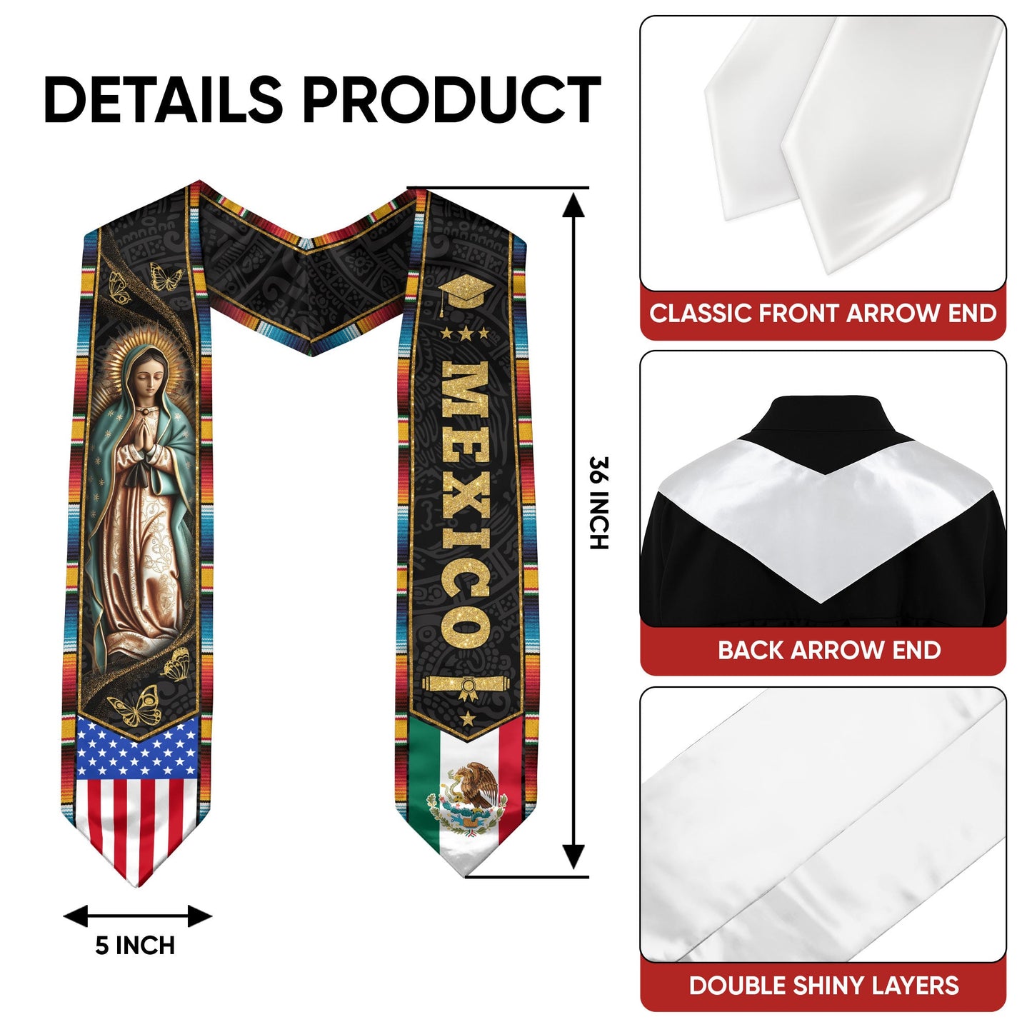 Mexican Graduation Stole Mexico USA Flag Aztec Virgin Mary Butterfly 2026