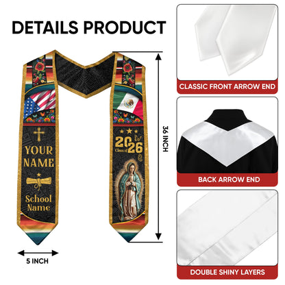 Custom Mexican Graduation Stole Mexico USA Flag Aztec Floral Virgin Mary 2026