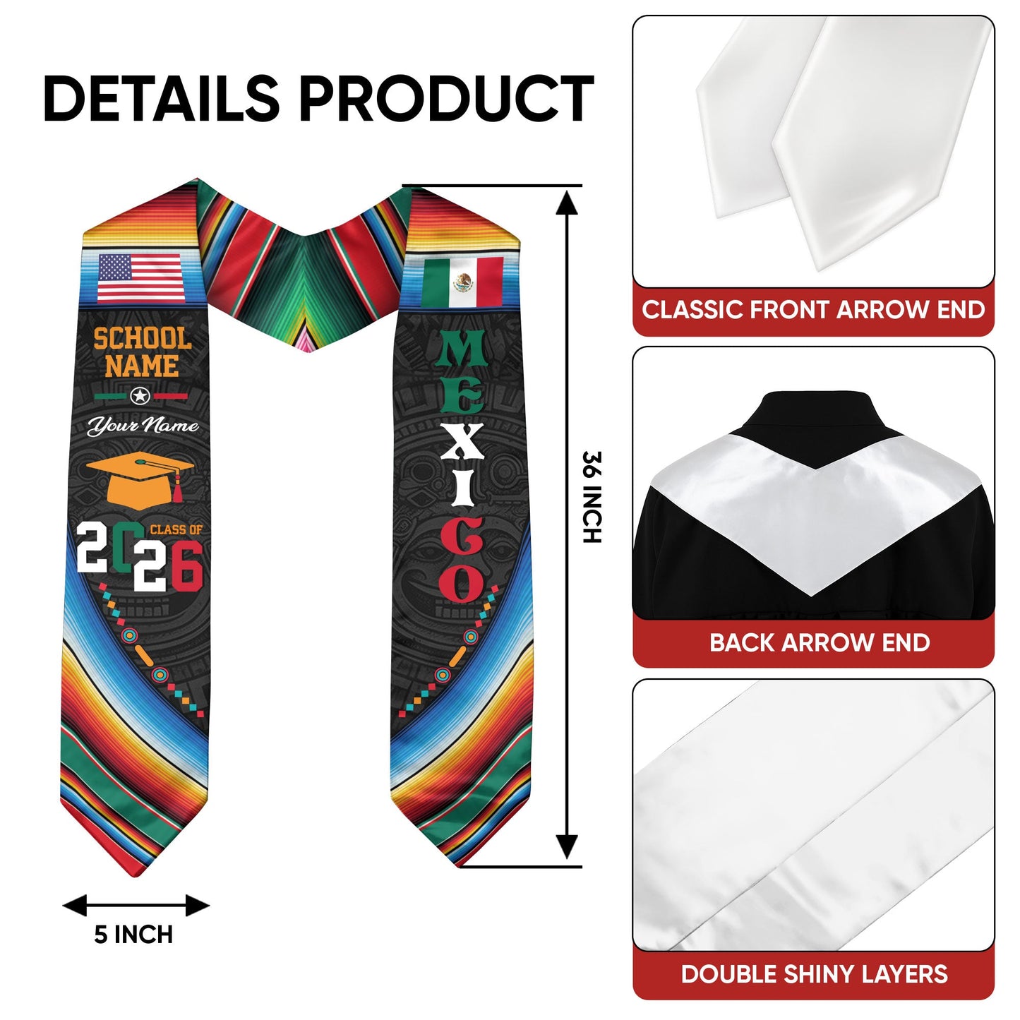 Custom Mexican Graduation Stole Mexico Sash Aztec Pattern Serape USA Flag 2026