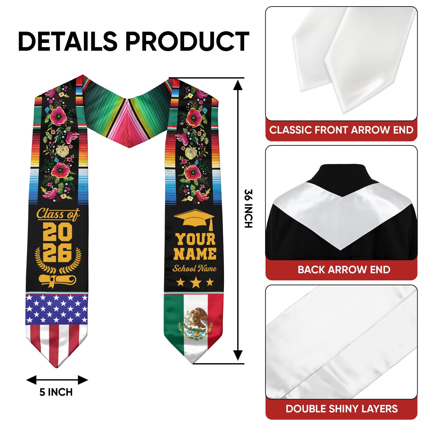 Custom Mexican Graduation Stole Mexico USA Flag Serape Floral Class 2026