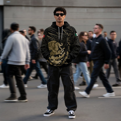 Mexican Black Gold Eagle Snake Flag Aztec Heritage Mens Sudadera De Mexico Hoodie