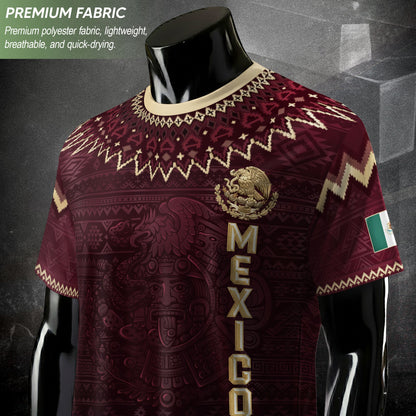 Mexico Heritage Soccer Jersey, Maroon Burgundy Gold Aztec Eagle Design Sports Jersey for Men