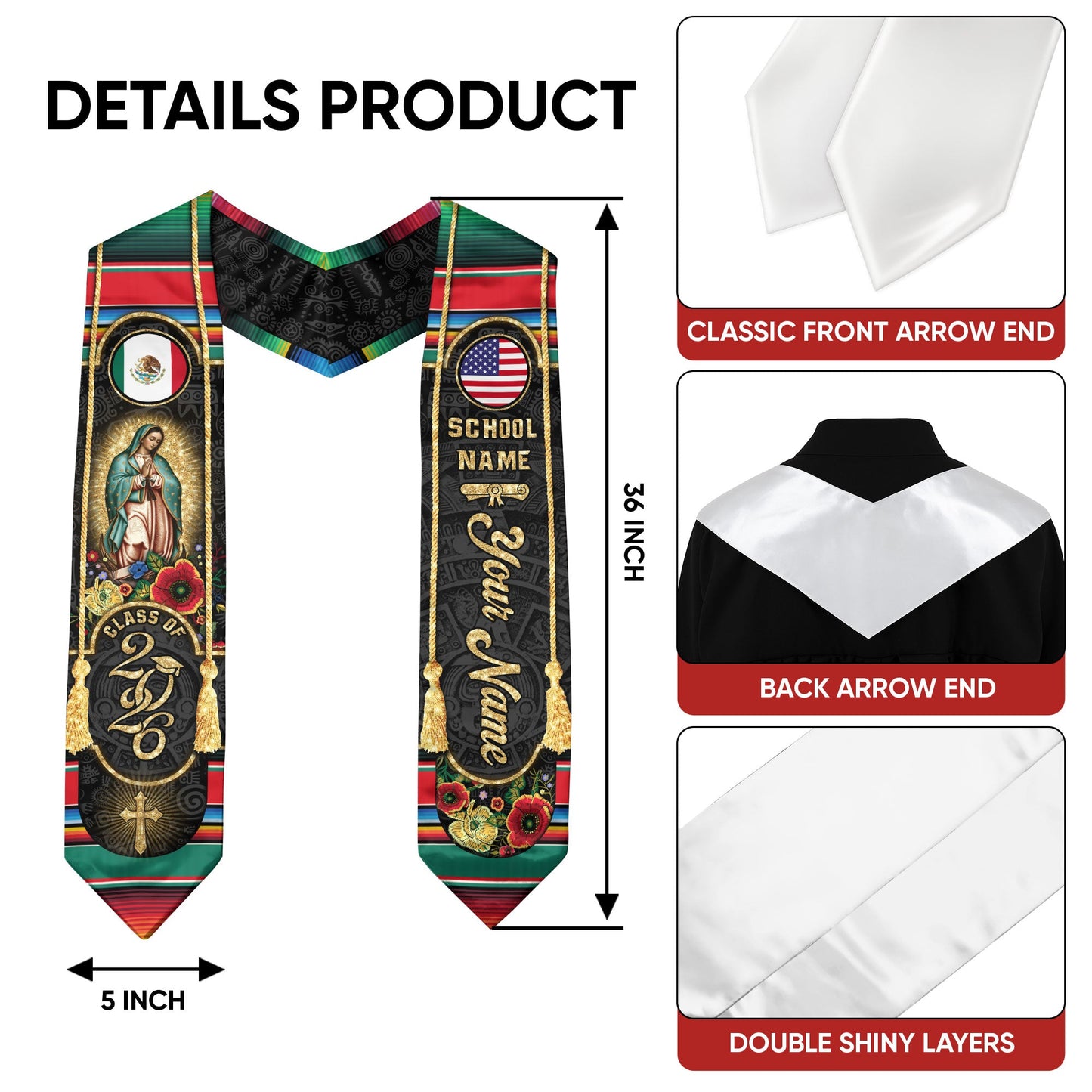 Custom Mexican USA Flag Graduation Stole 2026 Mexico Sash Virgin Mary Cross Aztec Patterns