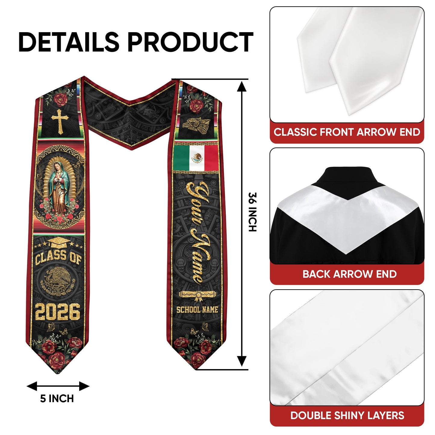 Custom Mexican Graduation Stole 2026 Virgin Mary Cross Flag Aztec Pattern Mexico Sash