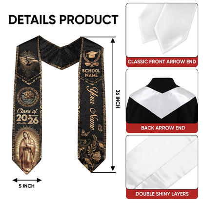 Mexican Graduation Stole 2026 Custom Mexico Sash Virgin Mary Cross Aztec Patterns