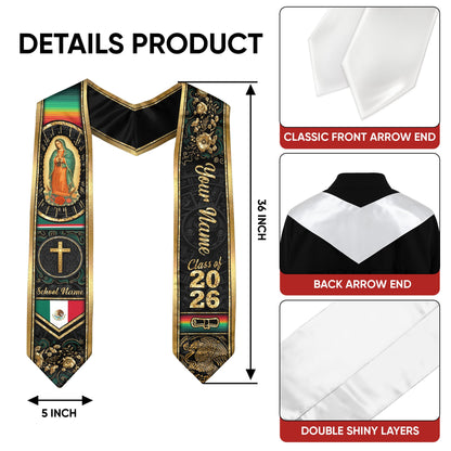 Mexican Graduation Stole Aztec Eagle Virgin Mary Cross Floral Flag Custom Sash