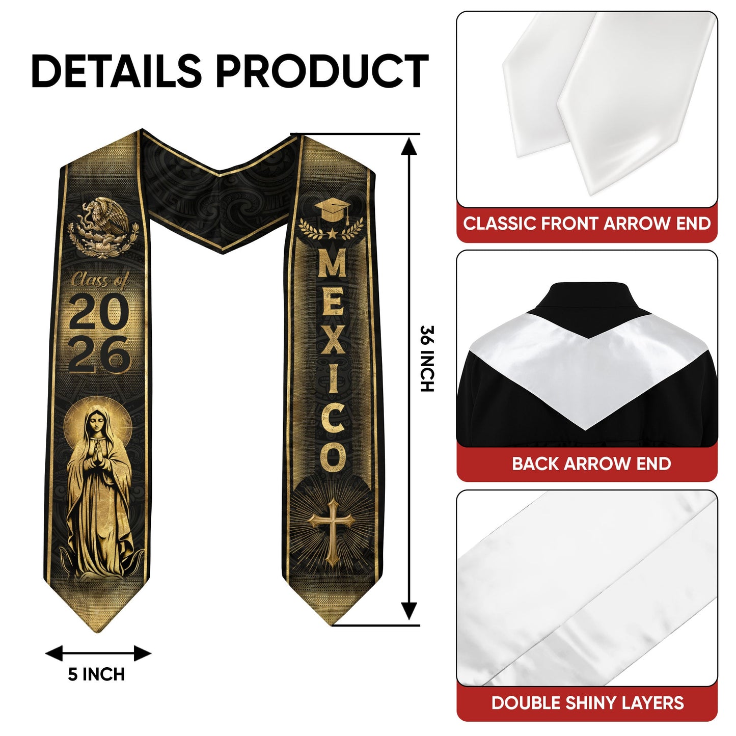 Mexican Graduation Stole Mexico Sash Aztec Eagle Virgin Mary Cross Class 2026