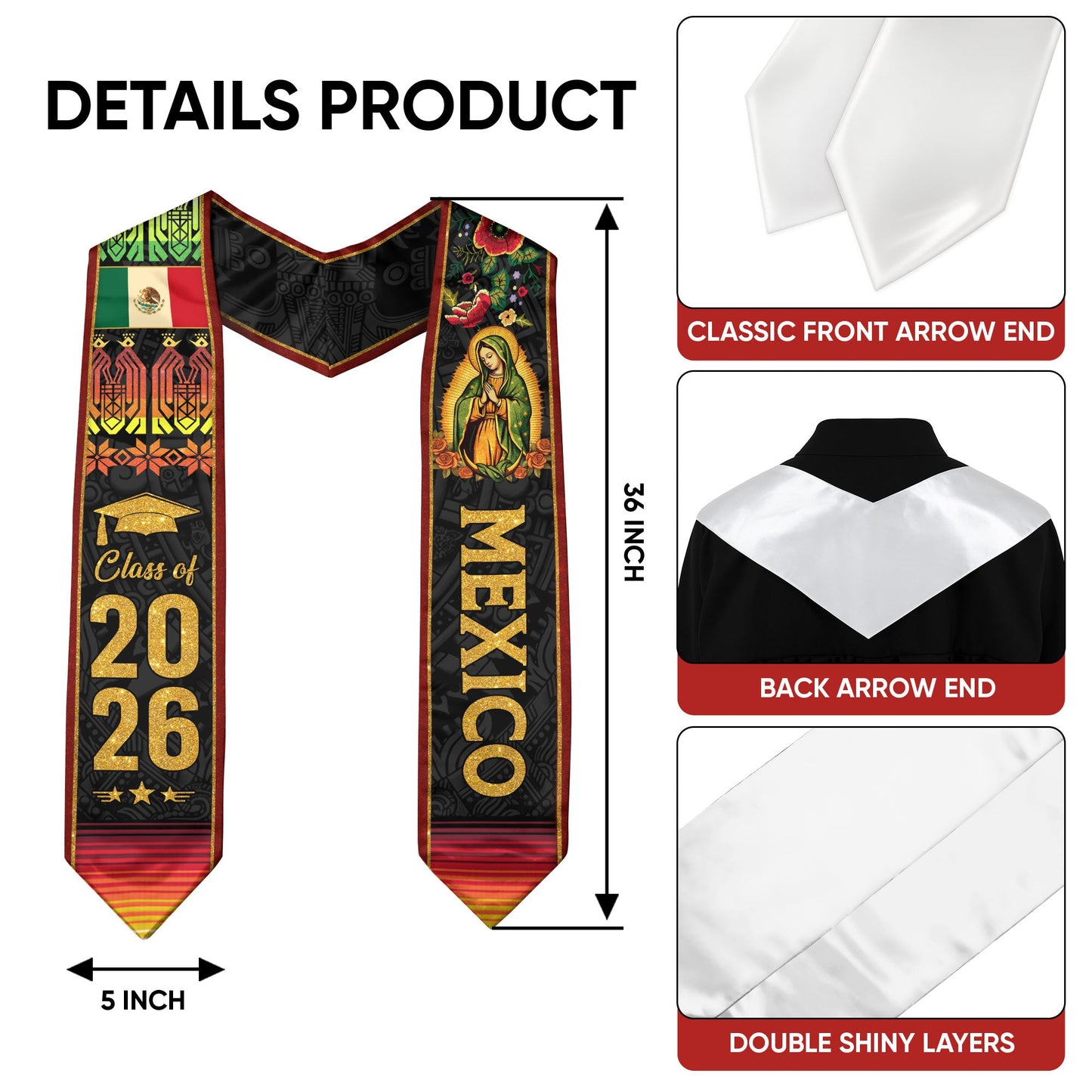 Mexican Graduation Stole Mexico Sash Aztec Virgin Mary Flowers Class 2026