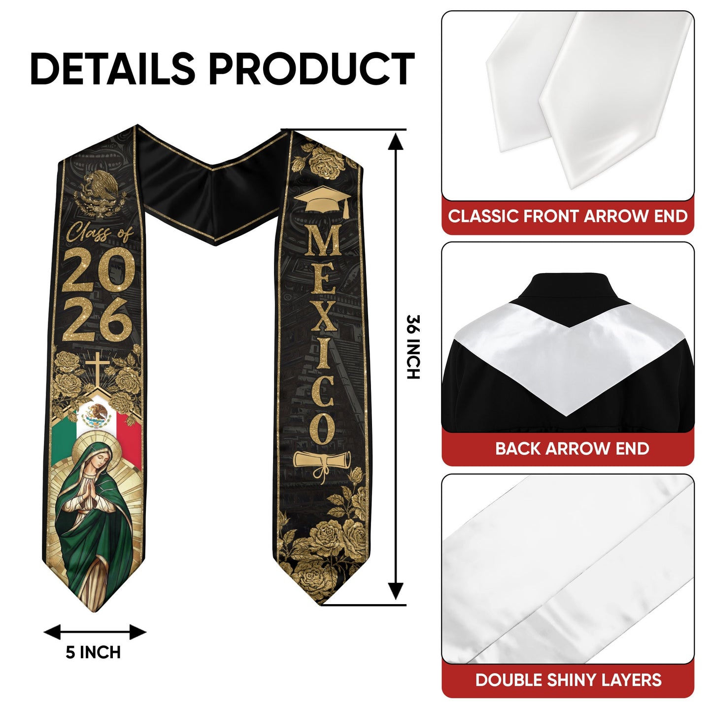 Mexican Graduation Stole Mexico Sash Virgin Mary Cross Roses Gold 2026