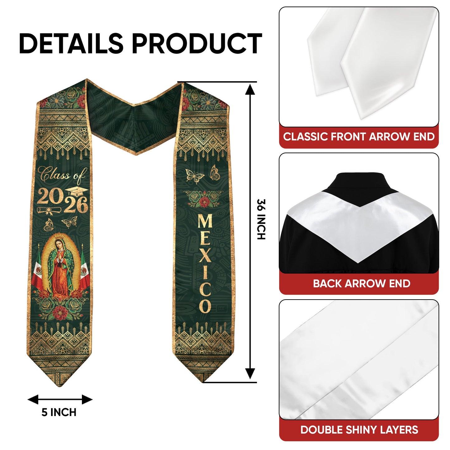 Mexico Roots Emerald Graduation Stole Virgen & Tradition Class of 2026