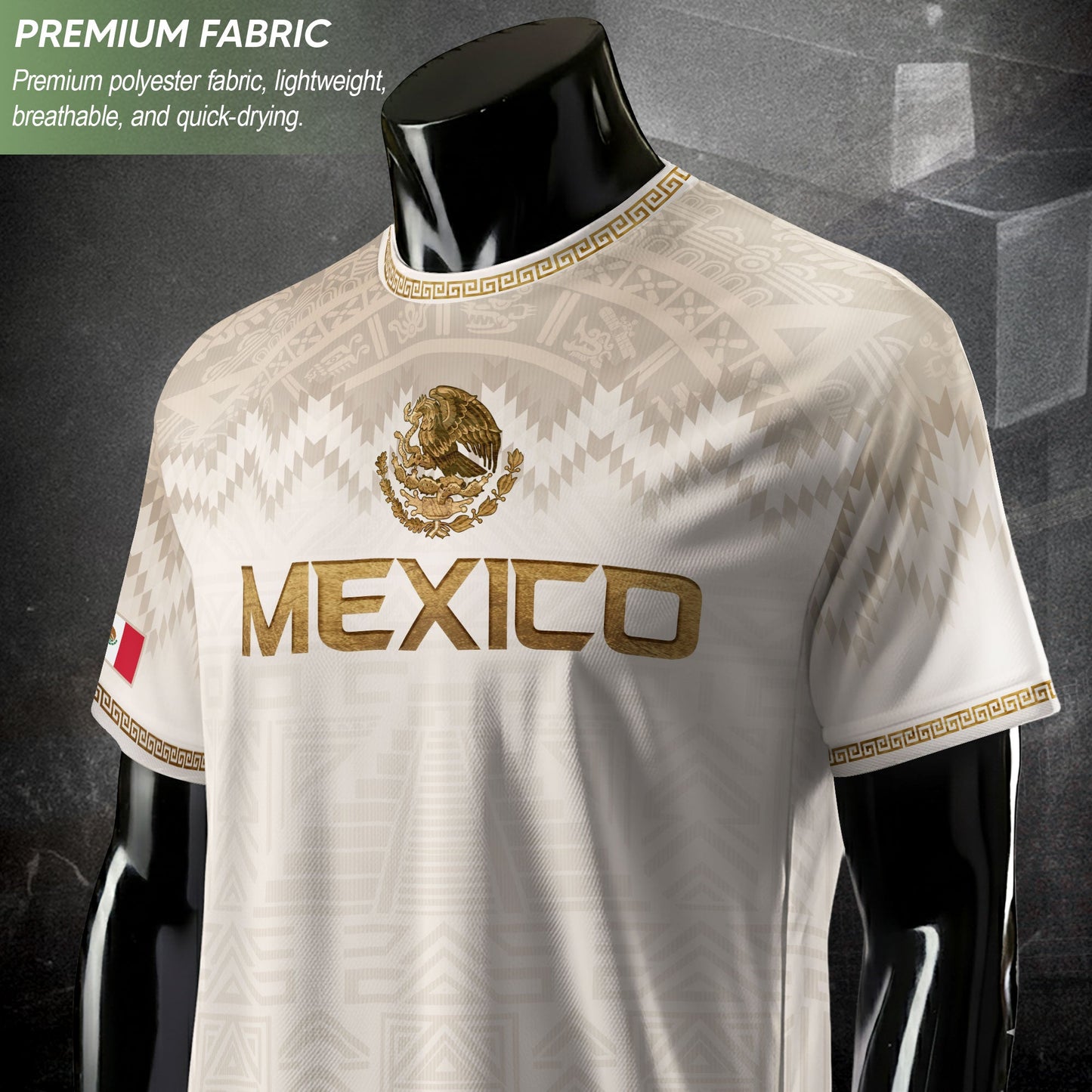 Mexico Heritage Orgullo Mexicano Beige Gold Aztec Pyramid Sun Stone Soccer Jersey