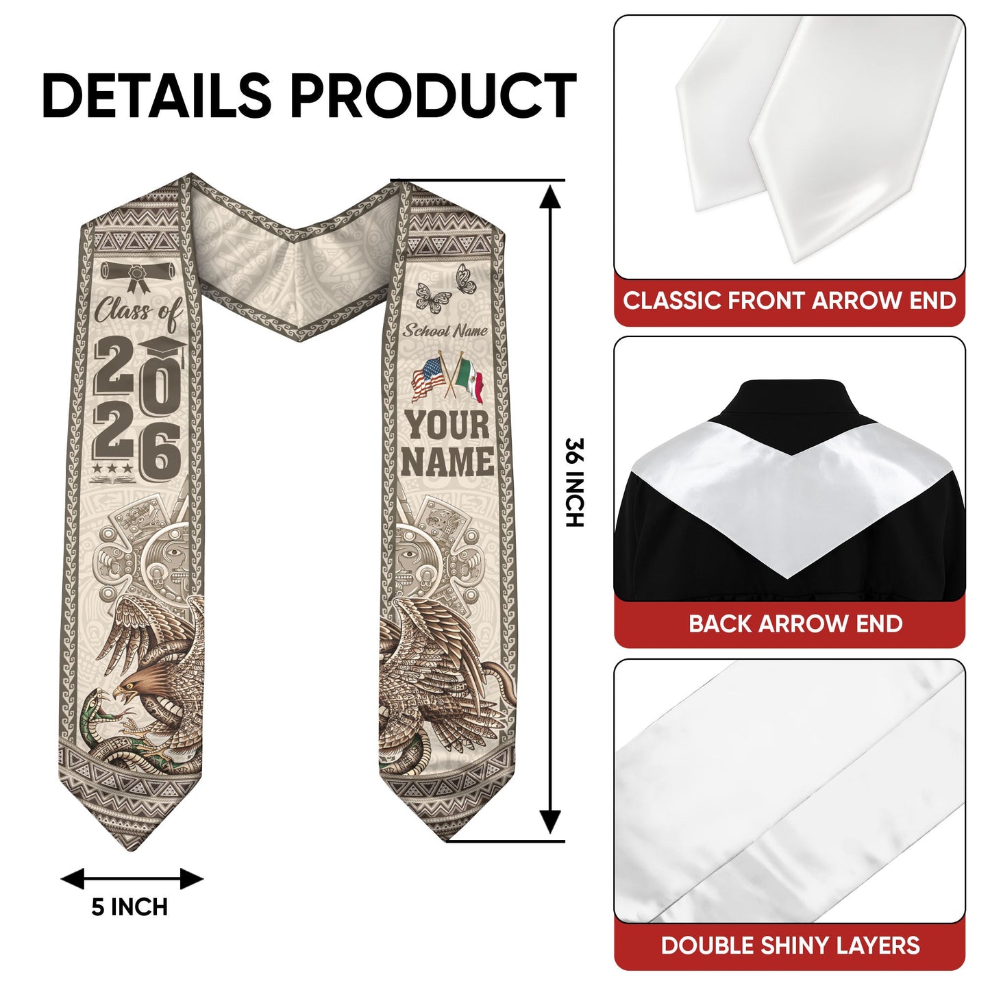 Mexican Graduation Stole 2026 Custom Mexican Graduation Sash, Mexican Flag Graduation Stole