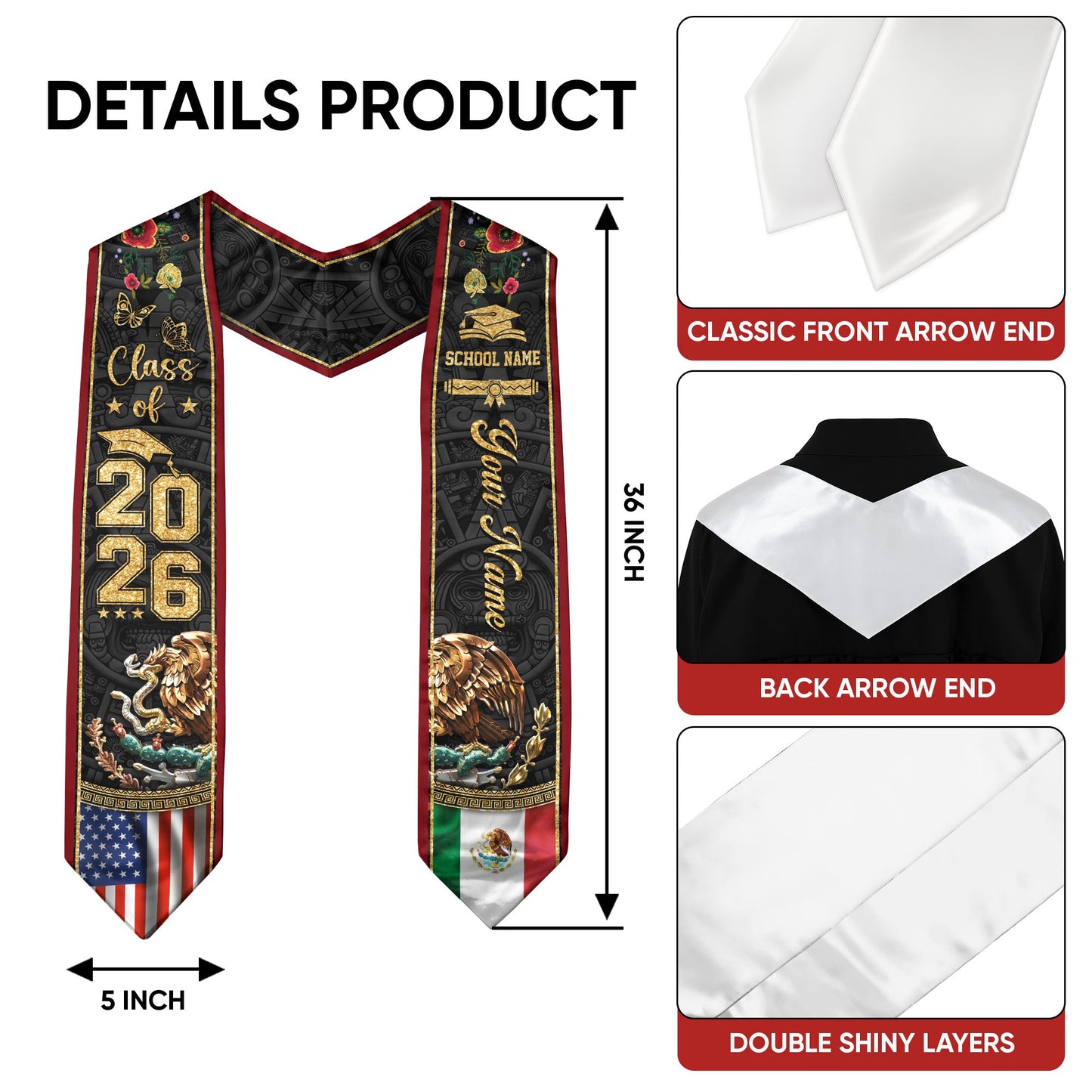 Mexican Graduation Stole 2026 Custom Graduation Sash Mexico, Mexican Flag Graduation Sash