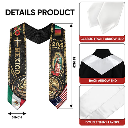 Mexican Graduation Stole Class of 2026 Aztec Eagle Cross Virgin Mary Mexico USA Flag Sash