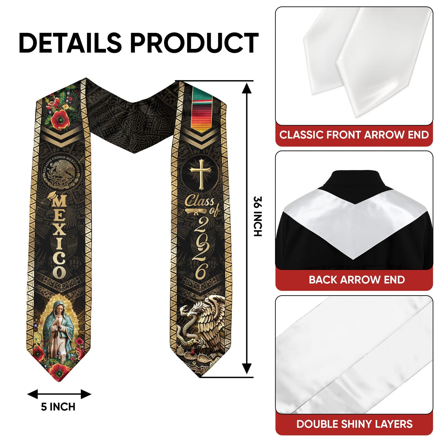Mexican Graduation Stole Class of 2026 Aztec Eagle Cross Virgin Mary Floral Mexico Sash