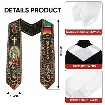 Mexican Graduation Stole Class of 2026 Aztec Cross Virgin Mary Butterfly Floral Mexico Sash