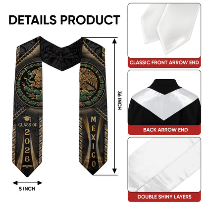 Mexican Graduation Stole Class of 2026 Aztec Calendar Eagle Emblem Gold Mexico Sash
