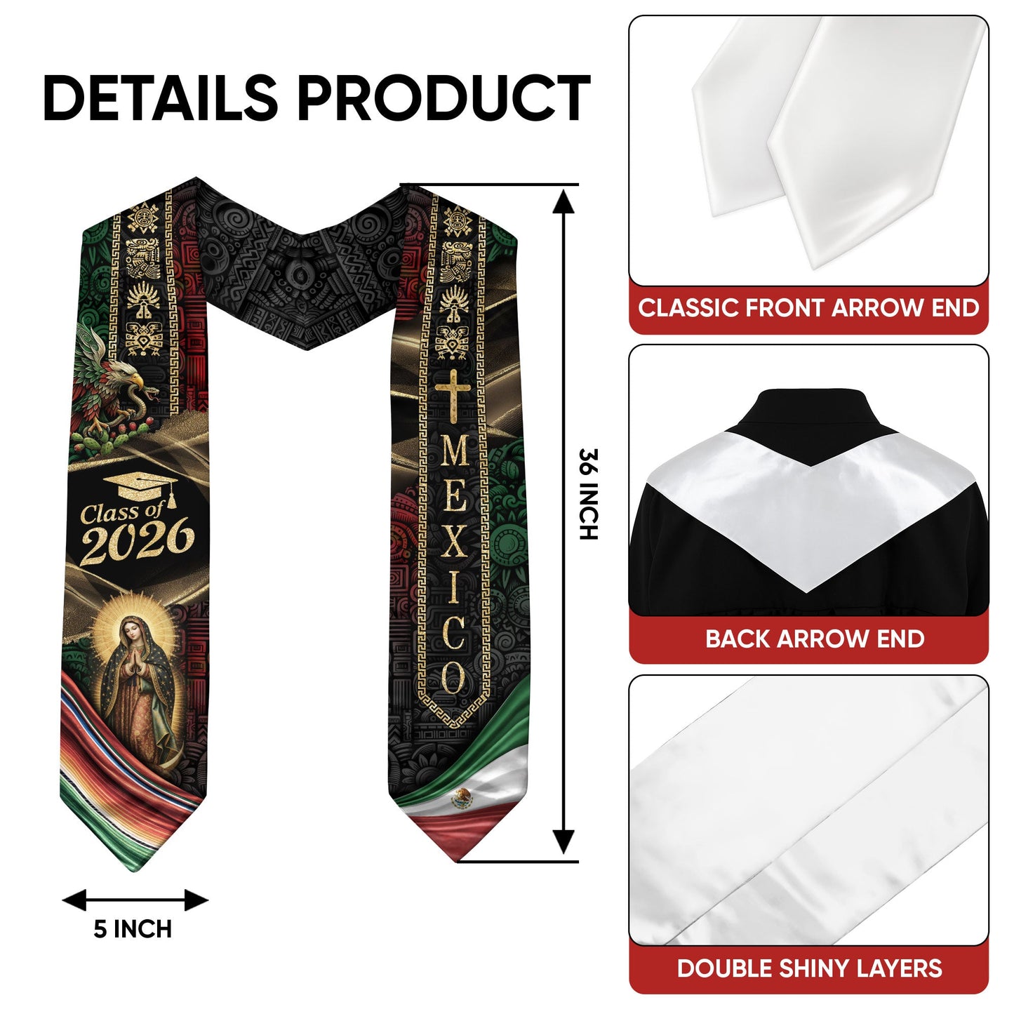 Mexican Graduation Stole Class of 2026 Aztec Eagle Virgin Mary Cross Mexico Flag Serape Sash