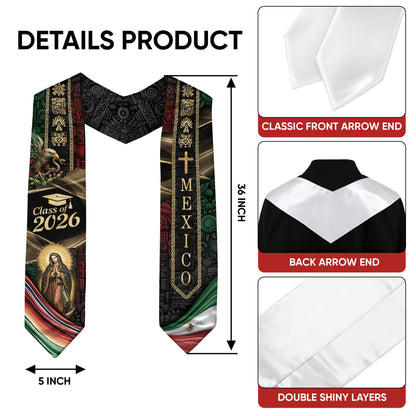 Mexican Graduation Stole Class of 2026 Aztec Eagle Virgin Mary Cross Mexico Flag Serape Sash