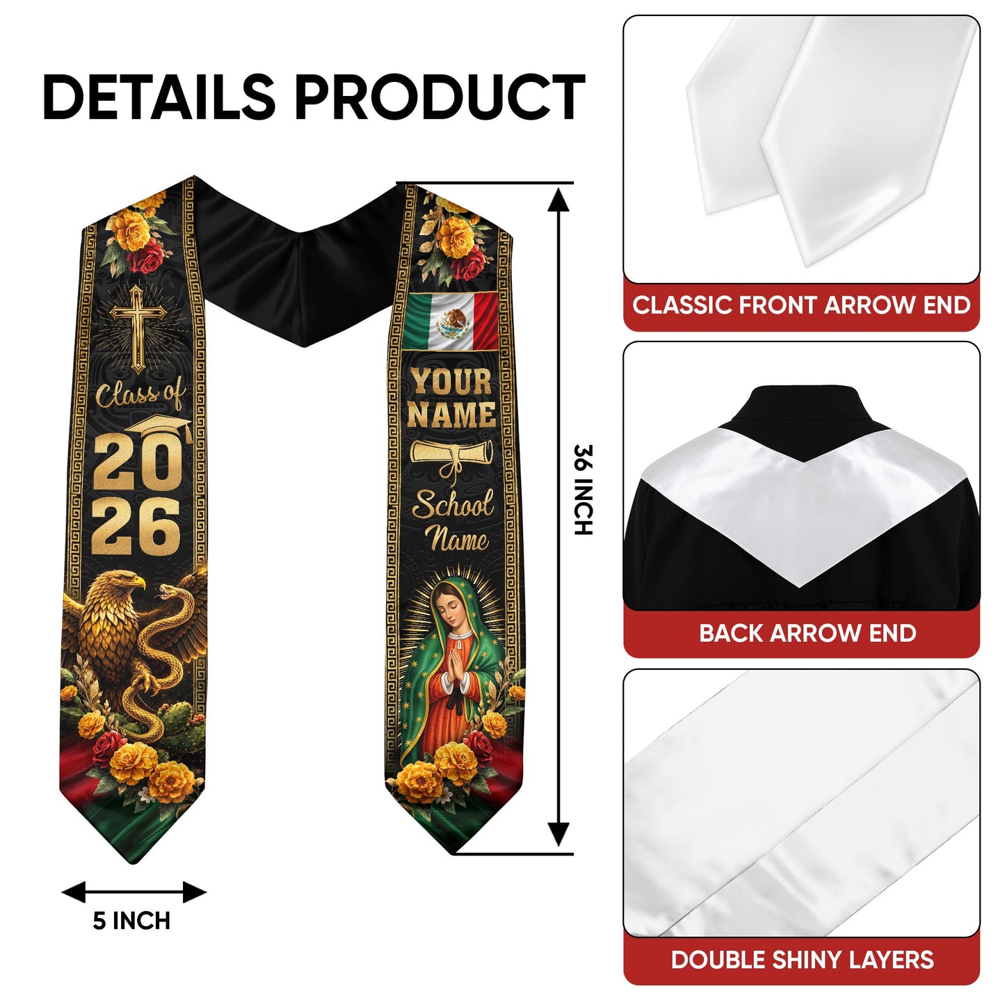 Mexican Graduation Stole 2026 Custom Graduation Sash Personalized Stoles for Graduation Mexico