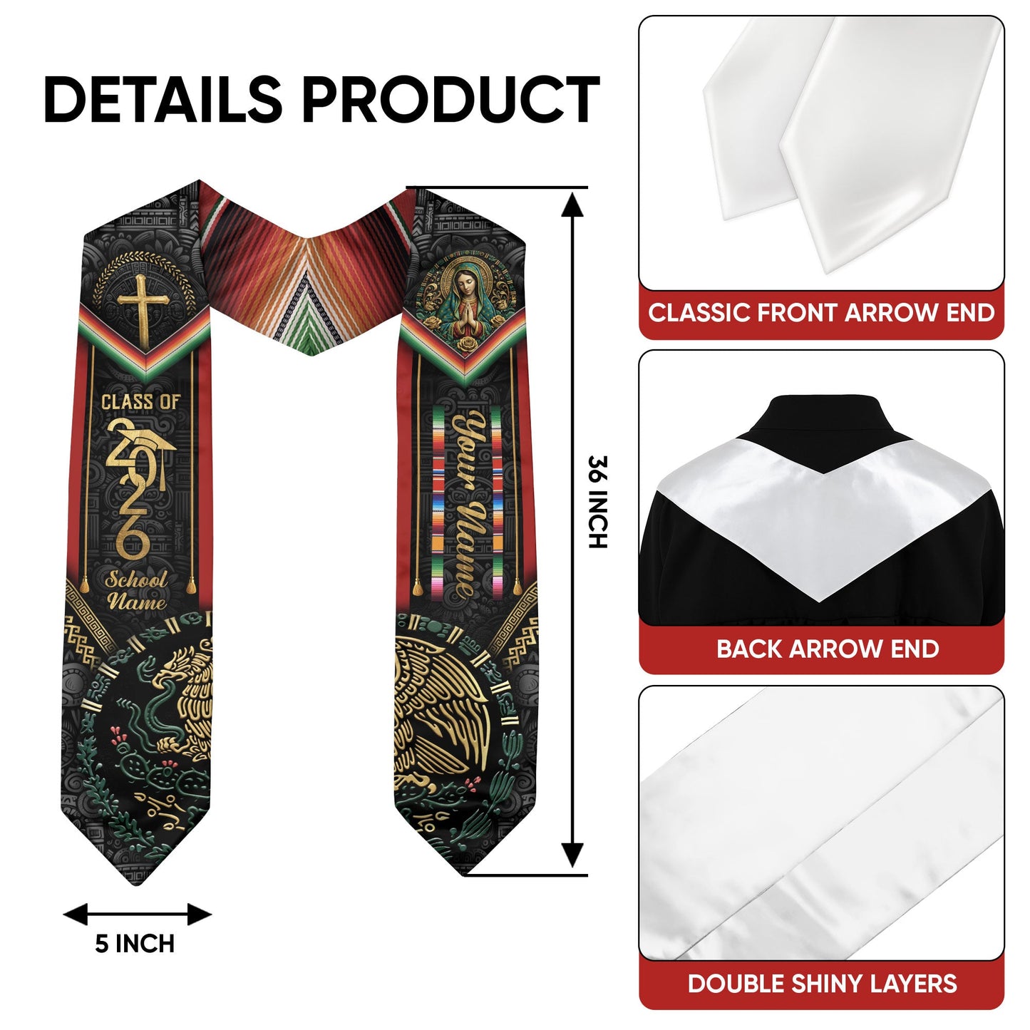 Mexican Style Graduation Stole 2026 Custom Graduation Sash Personalized Stoles for Graduation Mexico