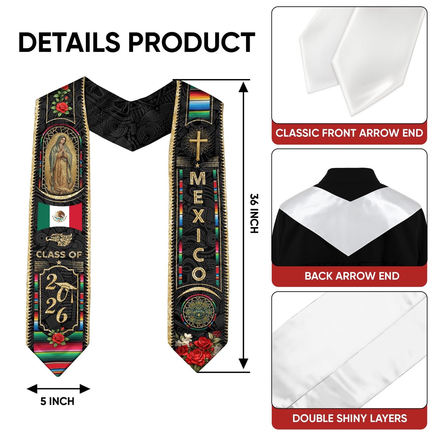 Mexico Graduation Stole Class of 2026, Virgin Mary & Aztec Calendar Heritage