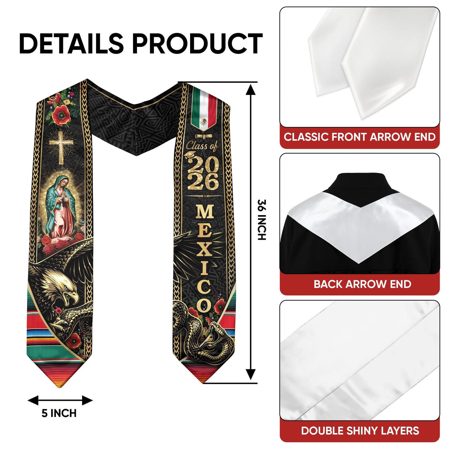 Class of 2026 Graduation Stole Mexico Eagle Guadalupe Hispanic Sash Cultural Gift