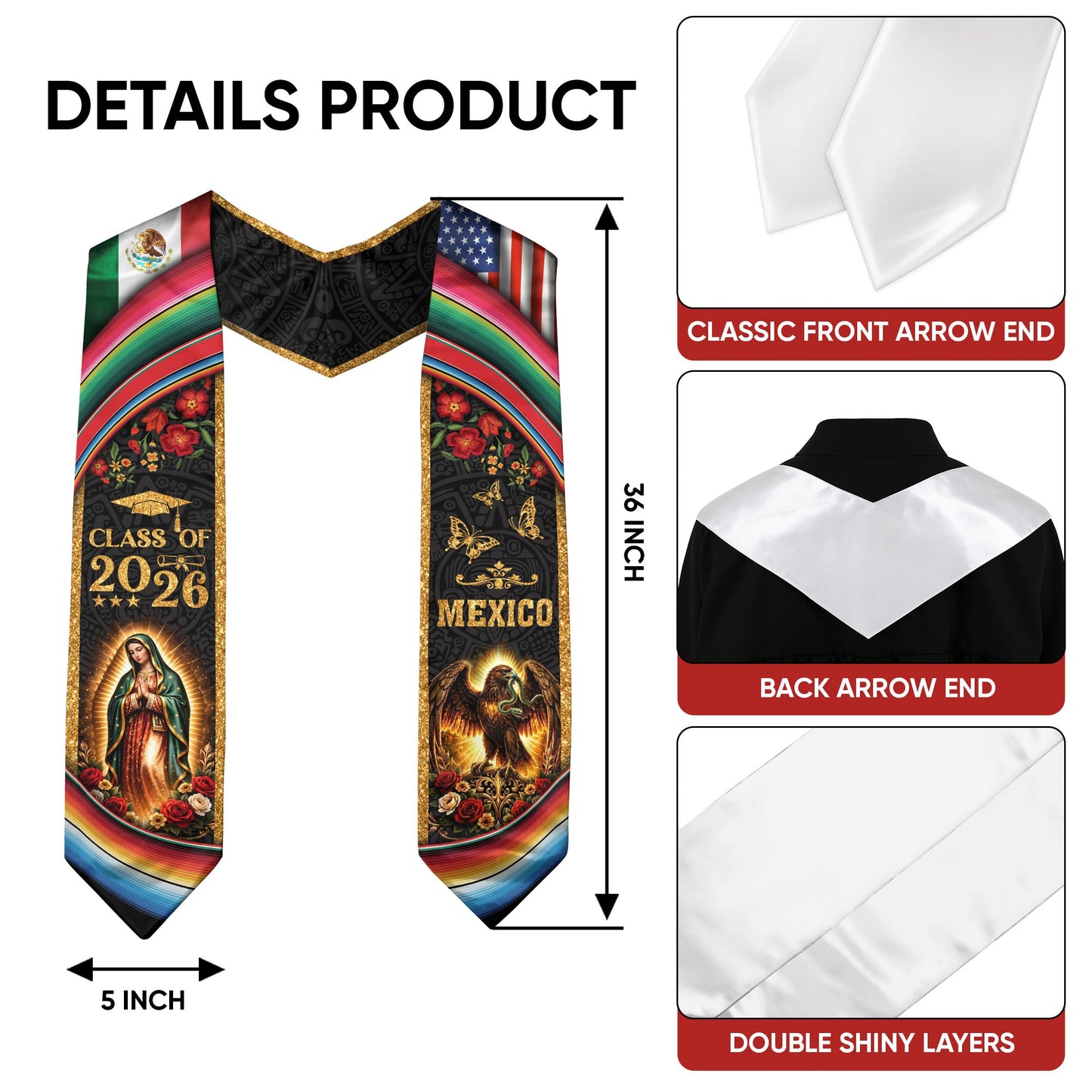 Mexico Graduation Stole Class of 2026 Virgin Mary Guadalupe Eagle US Flag Serape Sash