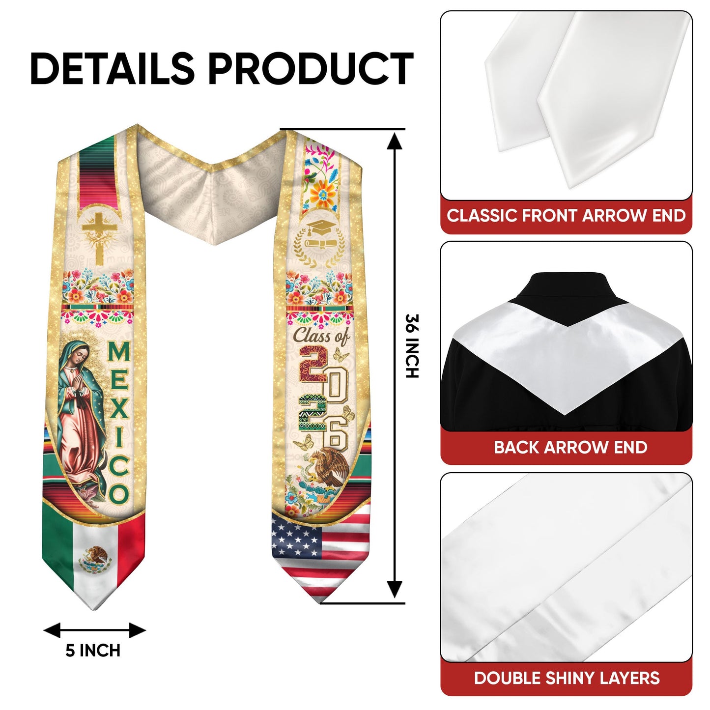 Mexican Graduation Stole Class of 2026 – Guadalupe Catholic Mexico Flag Sash