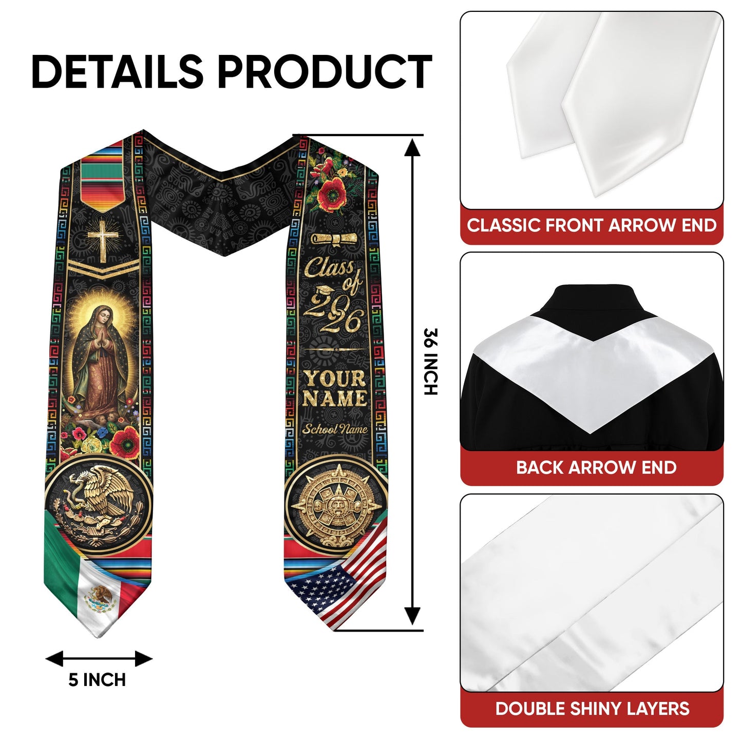 Custom Mexico USA Graduation Stole 2026 Virgin of Guadalupe Aztec Calendar Heritage Sash