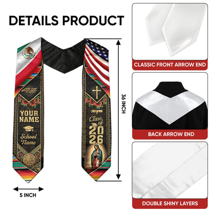 Custom Mexico USA Graduation Stole 2026 Virgin of Guadalupe Mexican American Heritage Sash