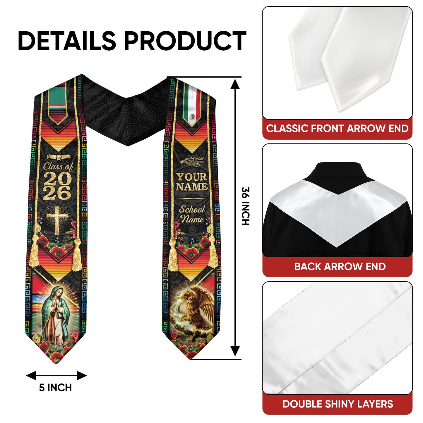 Custom Mexico Graduation Stole 2026 Virgin of Guadalupe Eagle Mexican Heritage Sash Gift