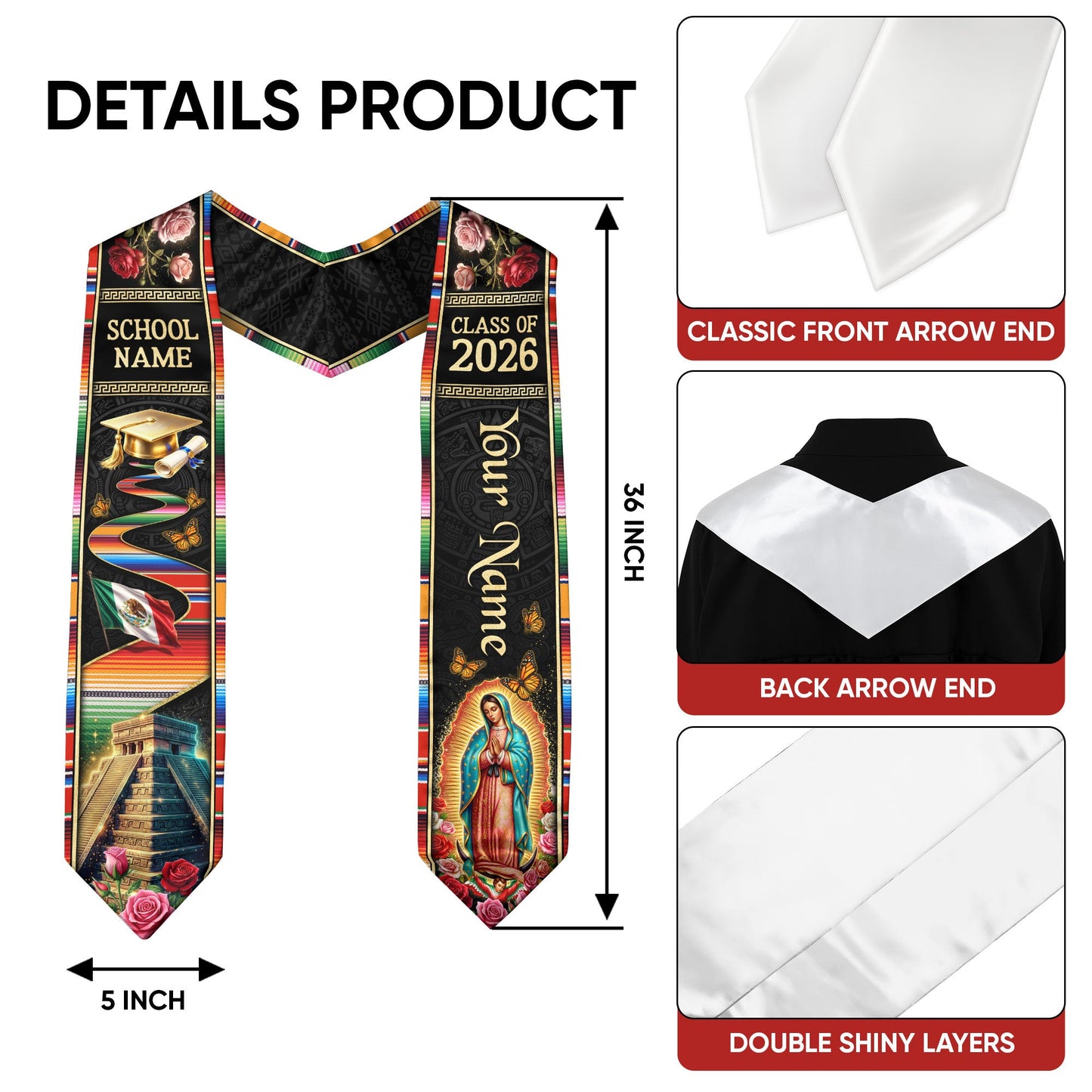 Mexico Graduation Stole Class of 2026 Custom Name Virgin Mary Sacred Heart Sash