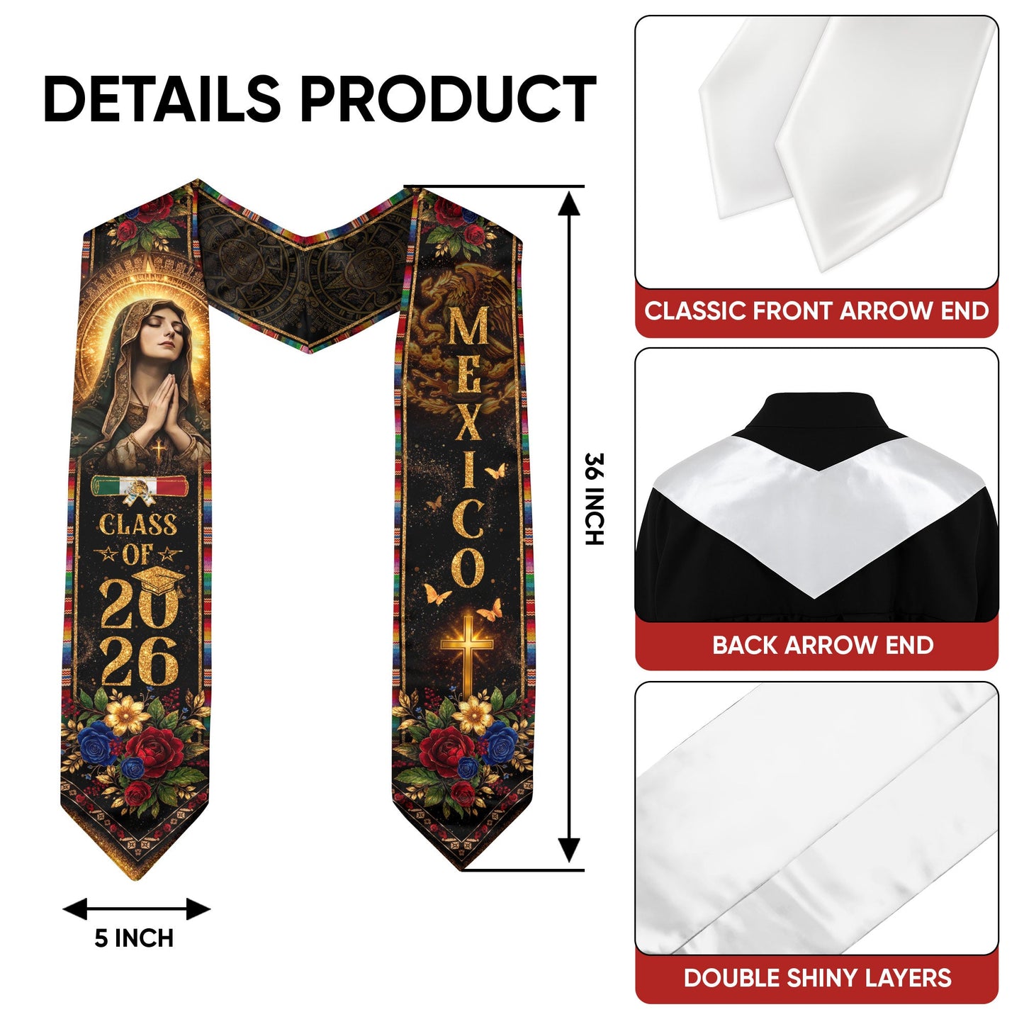Mexico Graduation Stole Class of 2026 Virgen de Guadalupe Mexican Heritage Sash 2026