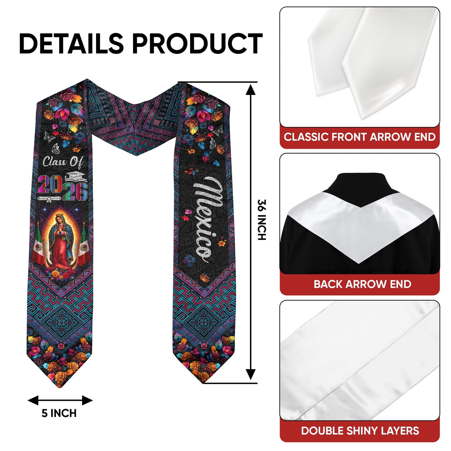 Class of 2026 Mexico Graduation Stole Virgin Guadalupe Floral Cultural Kente Sash