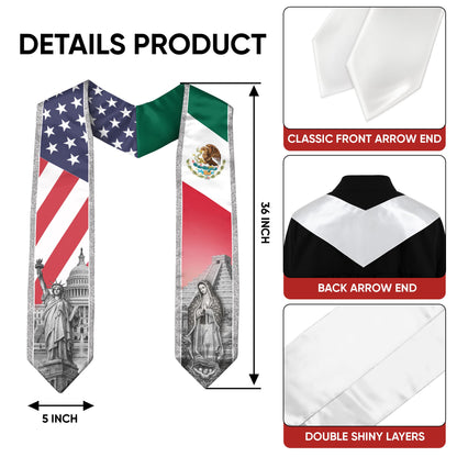 Mexican American Graduation Stole - Silver Glitter Mexico USA Flag Sash
