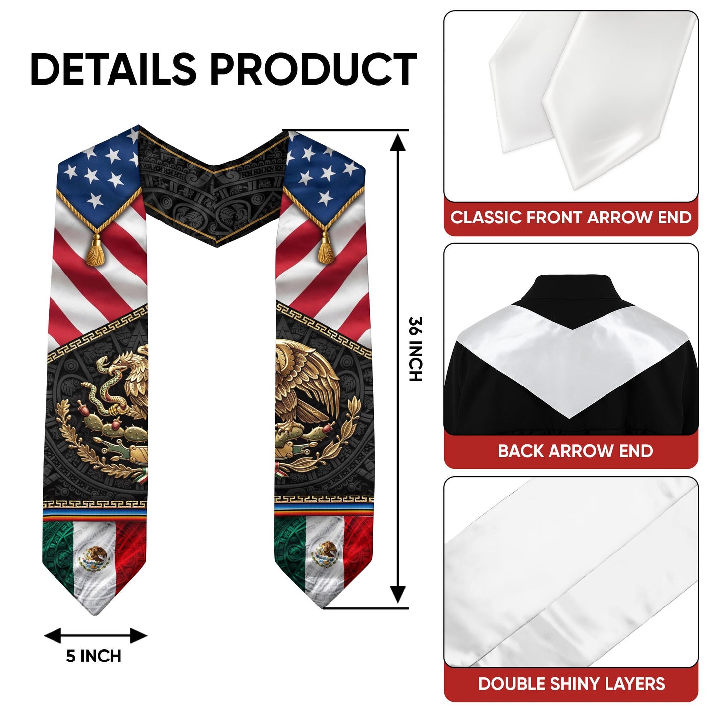 Mexican American Graduation Stole - Aztec Eagle Heritage Sash Gift