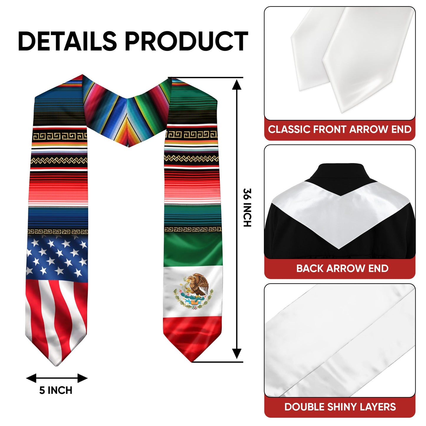 Mexican Heritage Graduation Stole - Aztec Eagle & Pyramid Heritage Sash