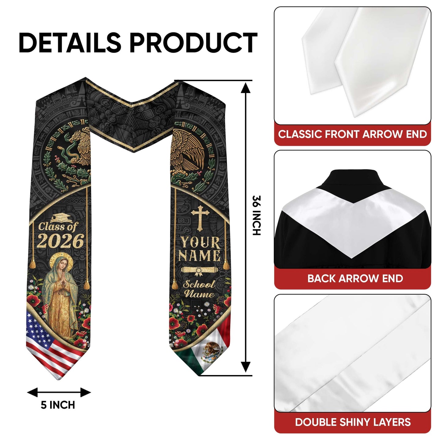 Mexico Graduation Stole Class of 2026 Custom Name Virgin Mary Aztec Eagle Sash
