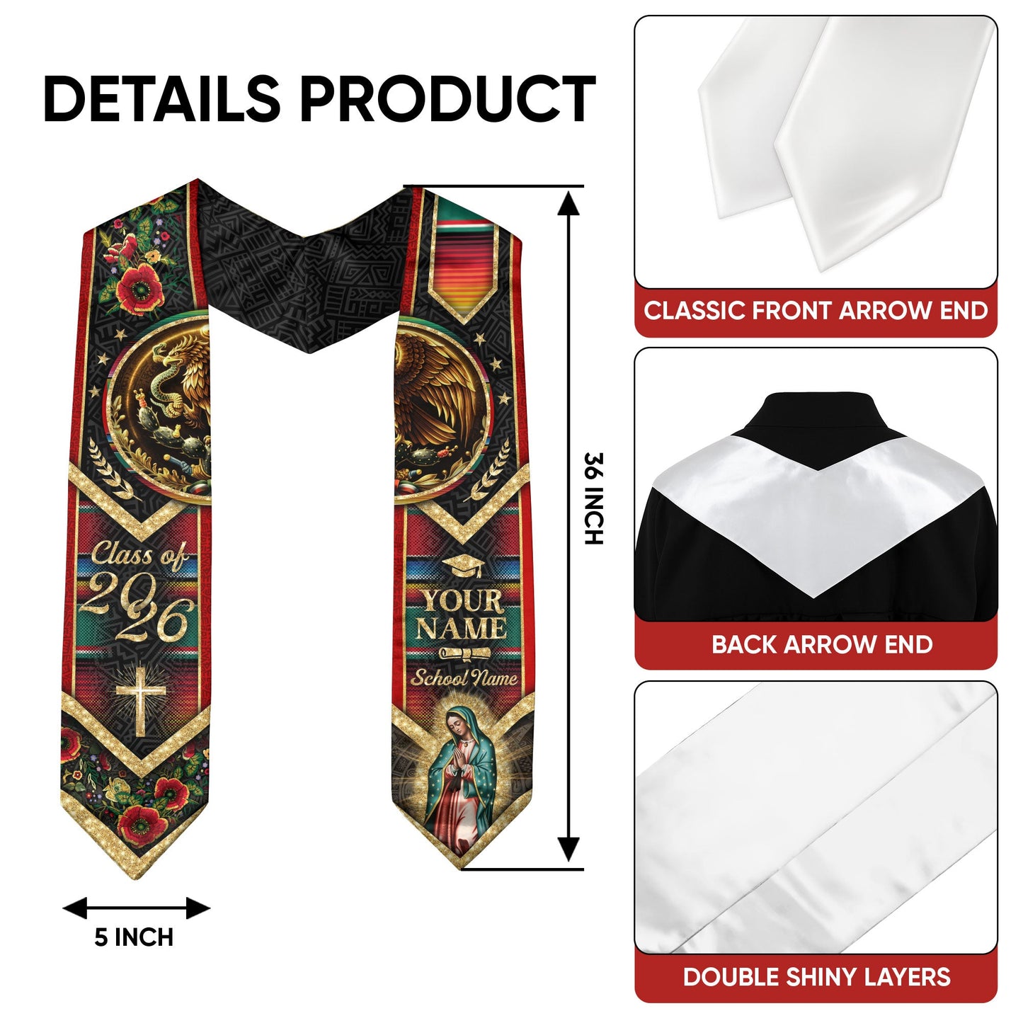 Custom Mexico Graduation Stole 2026 – Guadalupe Eagle Serape Sash Gift