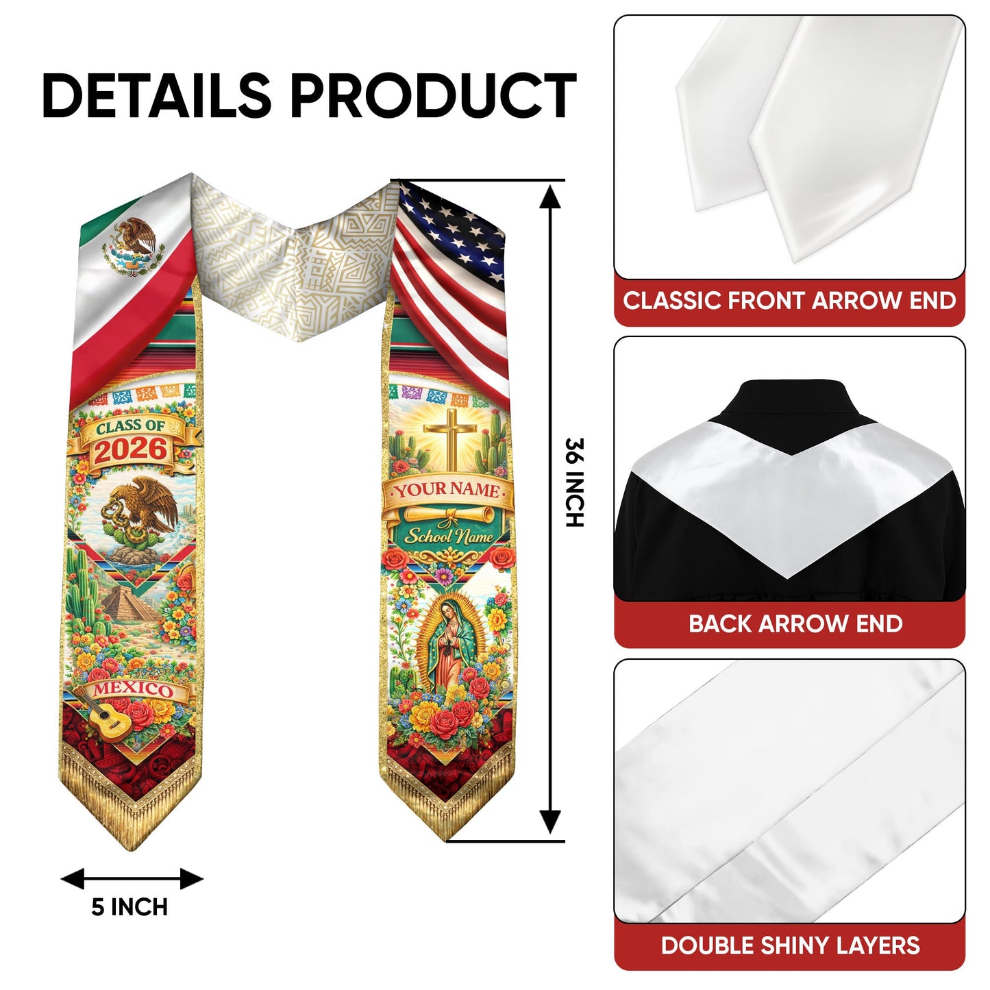 Custom Mexico Graduation Stole 2026 – Eagle Guadalupe USA Flag Serape Sash