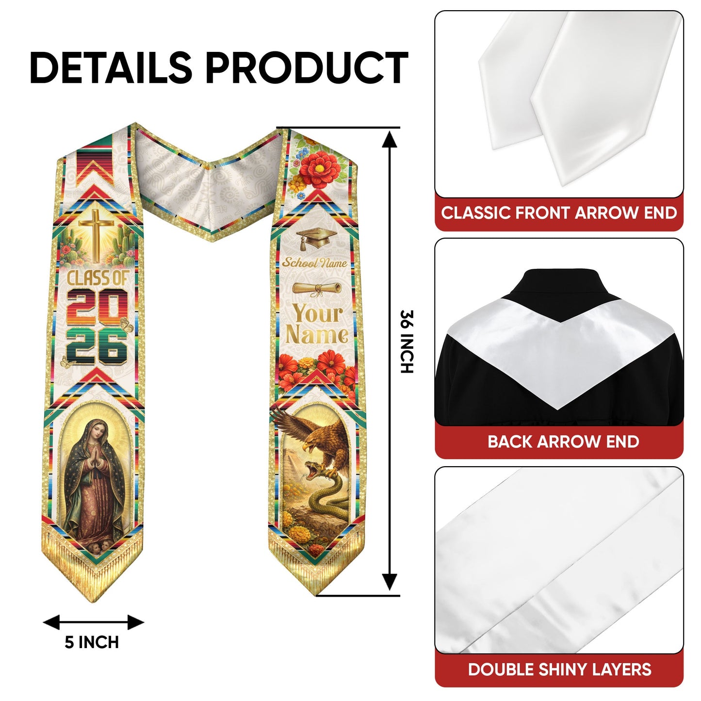 Mexico Graduation Stole Custom 2026 Guadalupe Eagle Cross Serape Sash Gift
