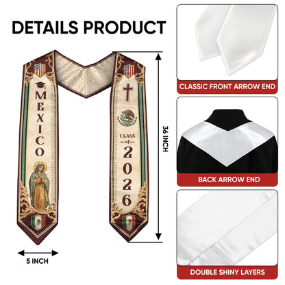 Mexico Graduation Stole 2026 Our Lady of Guadalupe Cross Catholic Classic Design