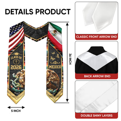 Mexico USA Graduation Stole Class of 2026 - Virgin Mary Dual Flag Heritage Sash