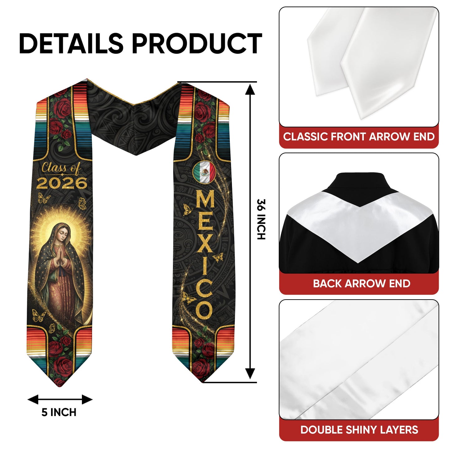 Mexico Graduation Stole 2026 - Floral Gold Cross Heritage Serape Sash
