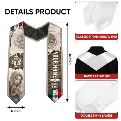 Custom Mexican Graduation Stole Class of 2026 Virgin Mary Guadalupe Heritage Sash Gift