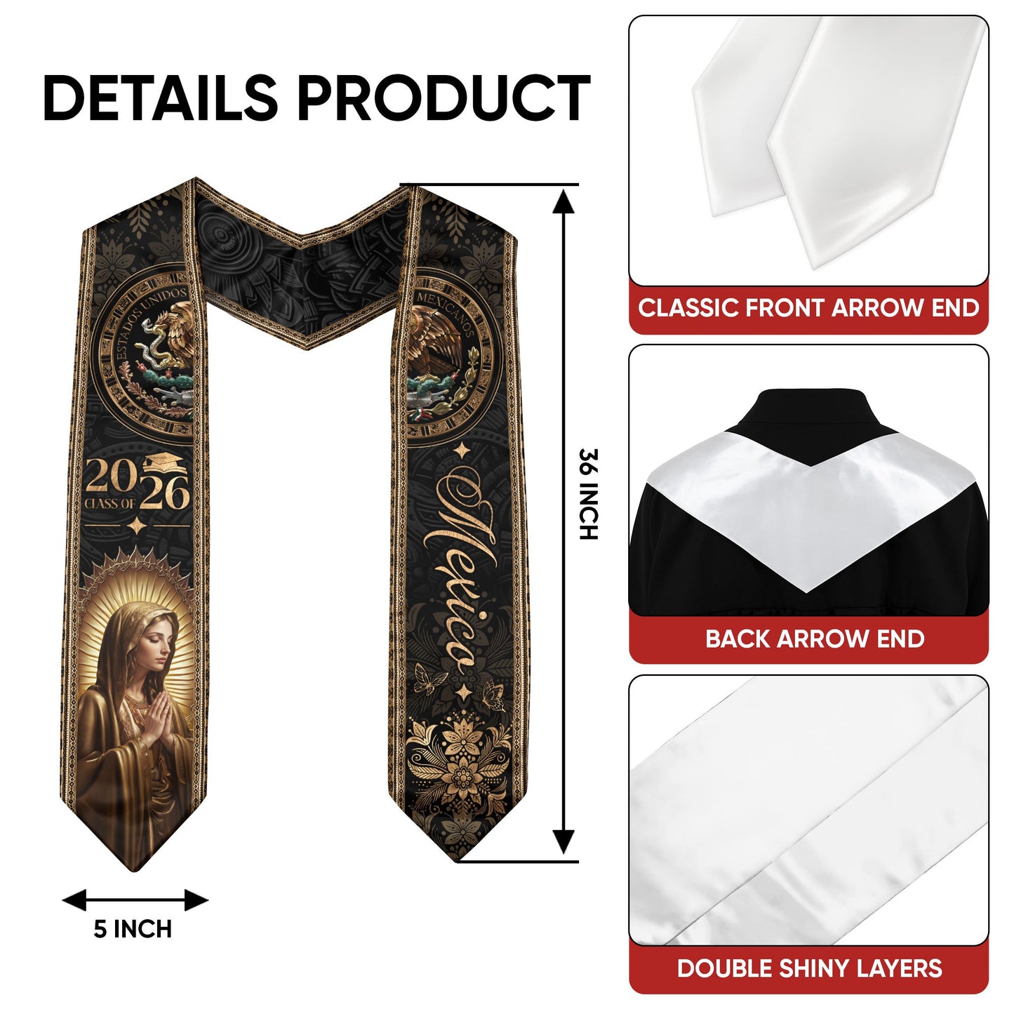 Mexico Graduation Stole Class of 2026 Virgin Mary Guadalupe Black Gold Gift Sash