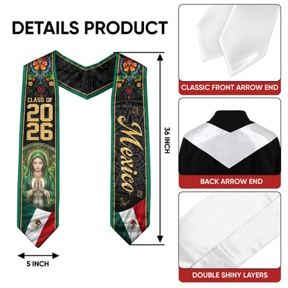 Mexico Graduation Stole 2026 Virgin Mary Floral Green Heritage Sash Gift